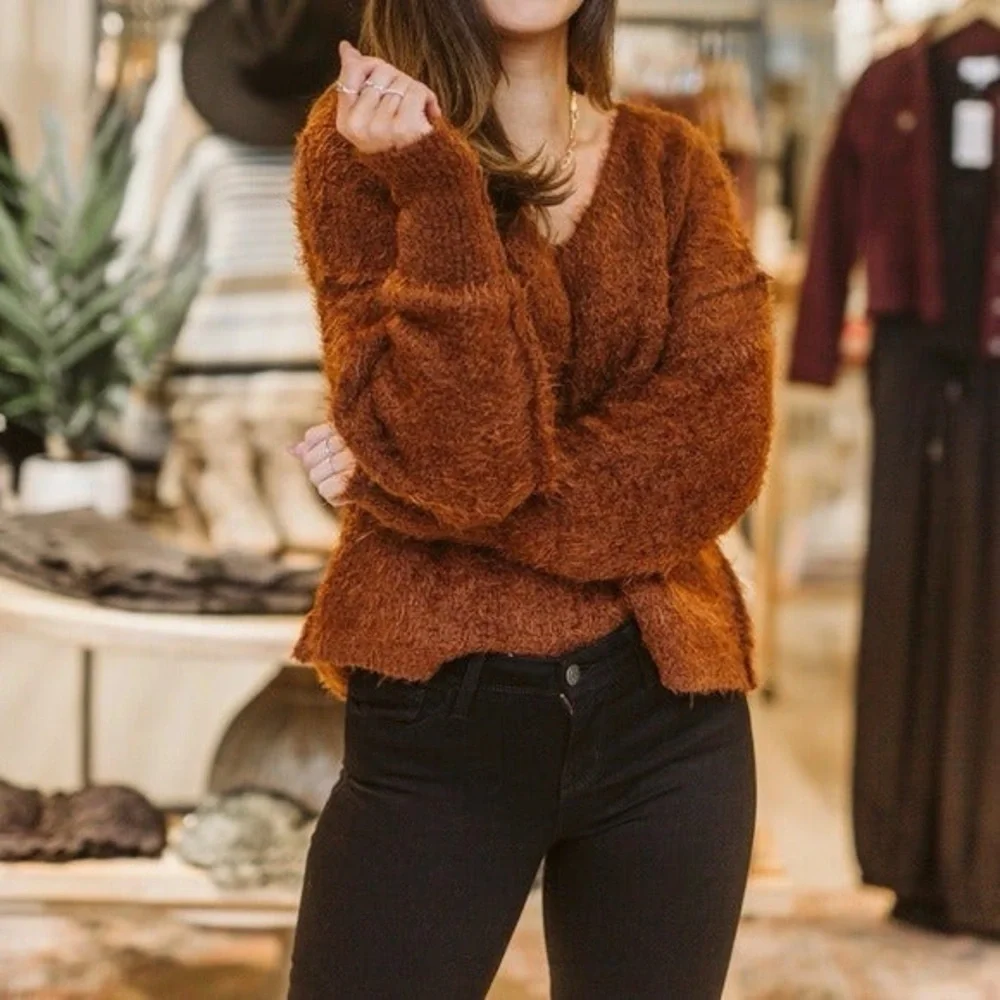 Free People Icing V Neck Pullover Sweater in Mocha Java